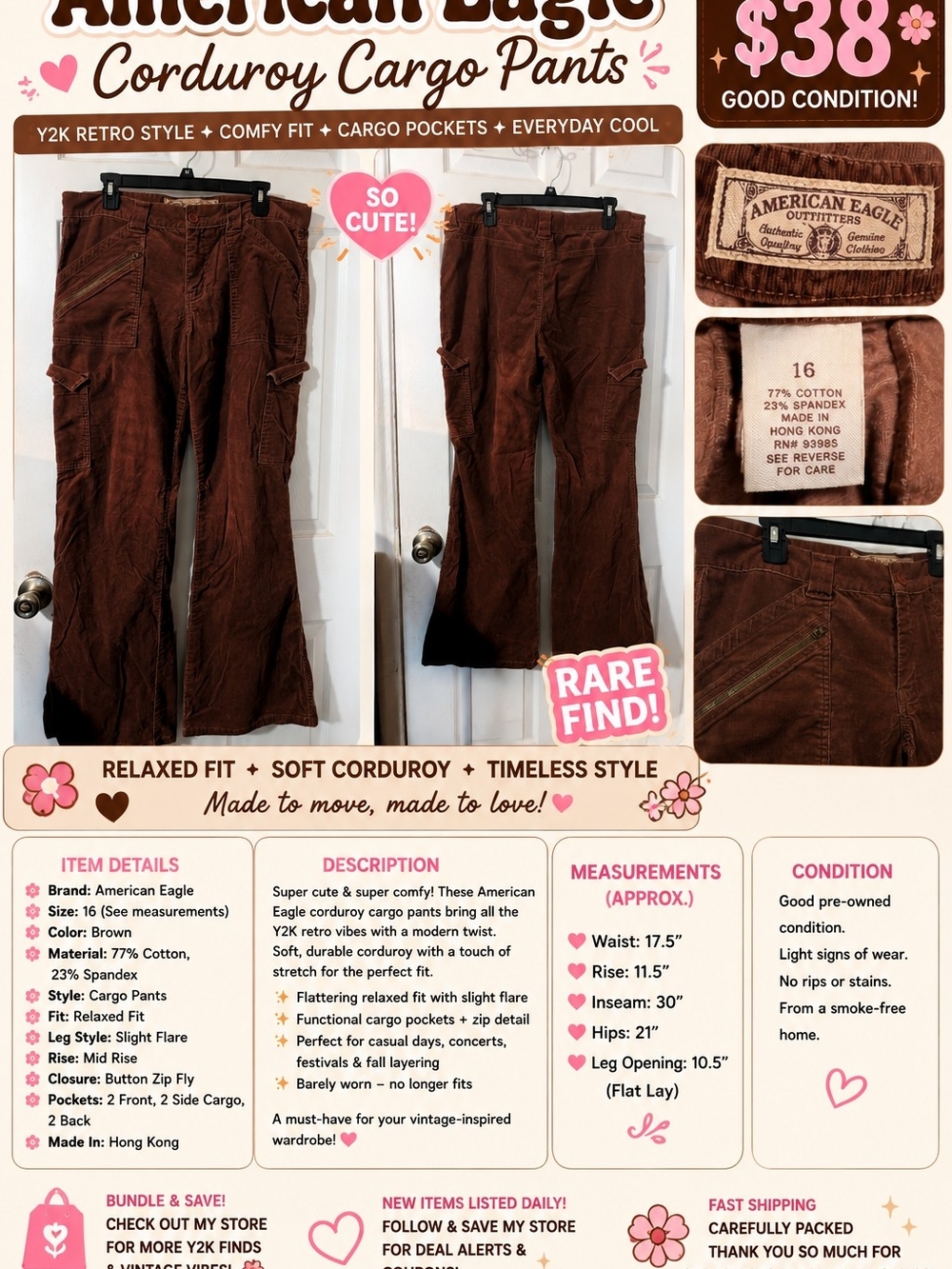 American Eagle Outfitters Brown Corduroy Flare Cargo Jeans